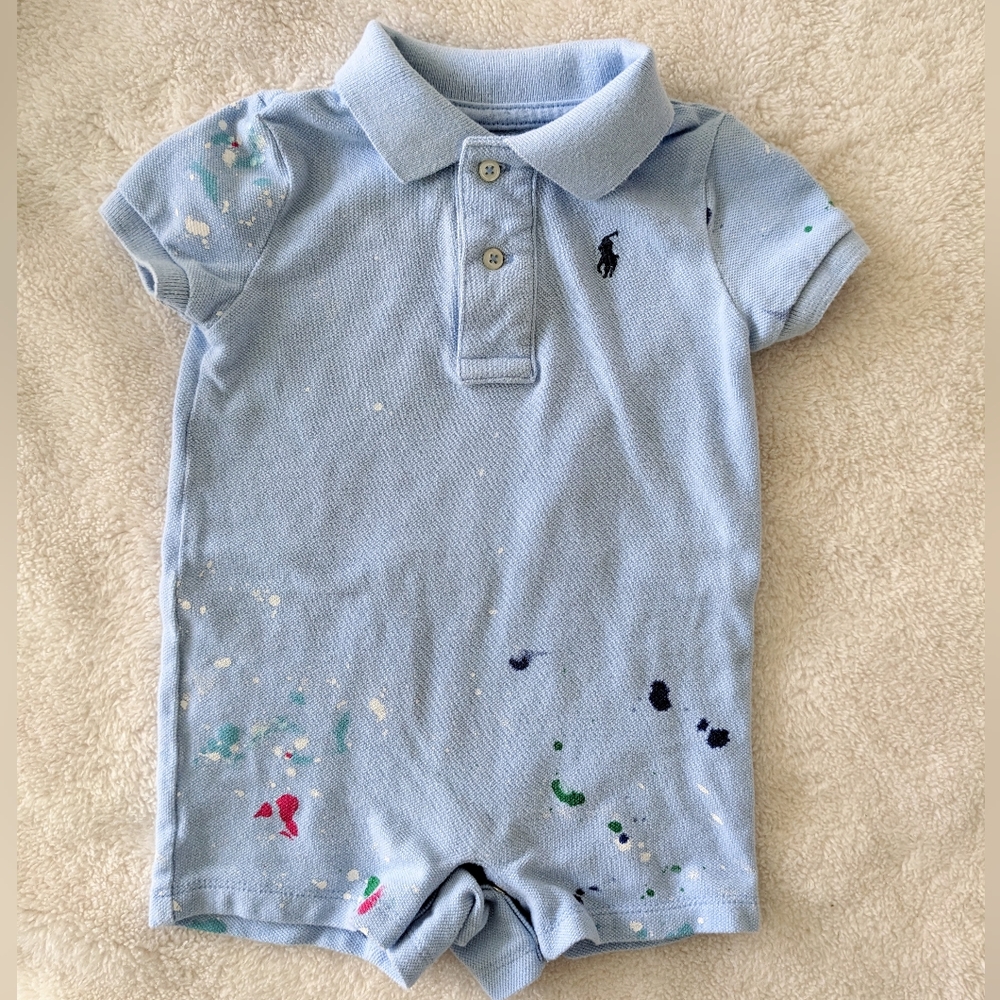 Ralph Lauren Infant Light Blue Polo Onesie. Splatter paint design. Size 9M
